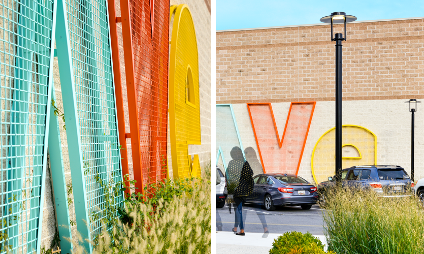 Three 15 foot tall metal mesh letters of the logo that create a natural grow wall f Internally illuminated with gridded white acrylic panels and painted metal panels that stand off to spell out “Ave” of the project logo. Photo credit: Vivian Marie Doering